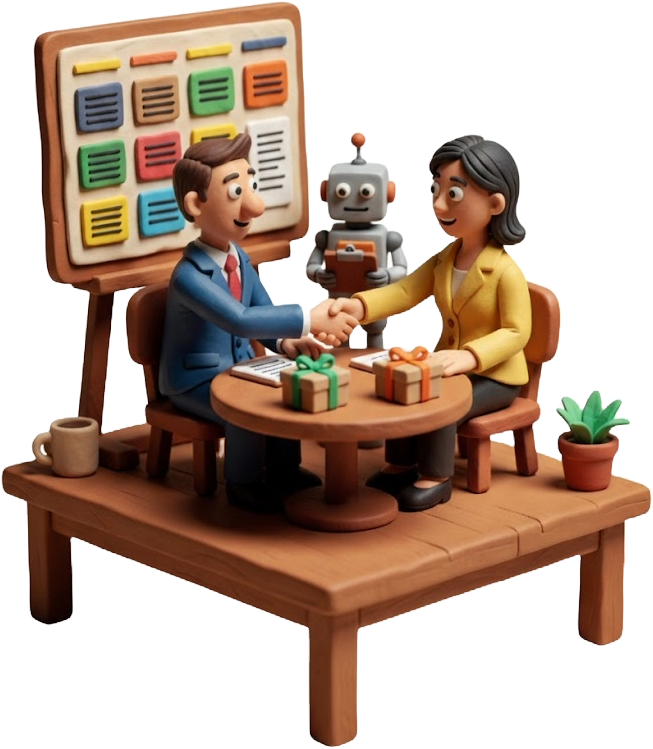 Agency team and client shaking hands with AI assistant and project board, representing client services management