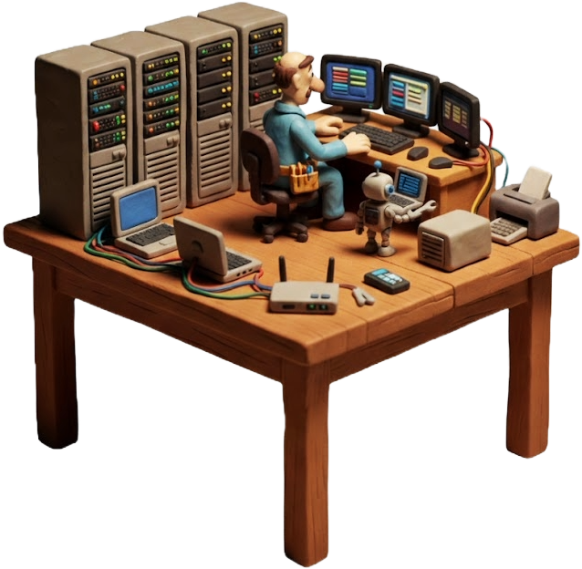 IT administrator at desk with servers, monitors, and AI robot assistant managing technical support