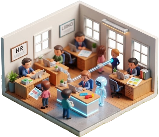 Isometric office scene with HR and internal teams using AI-powered helpdesk to handle employee requests