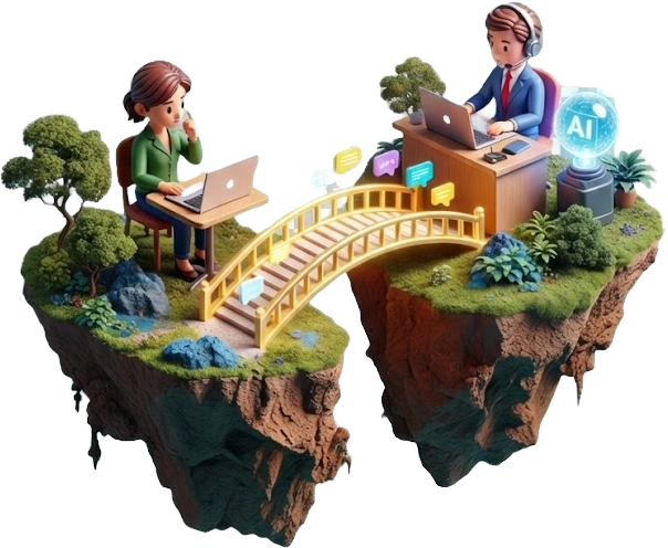Customer and support agent connected by a bridge with AI assistance, representing FyneDesk customer support