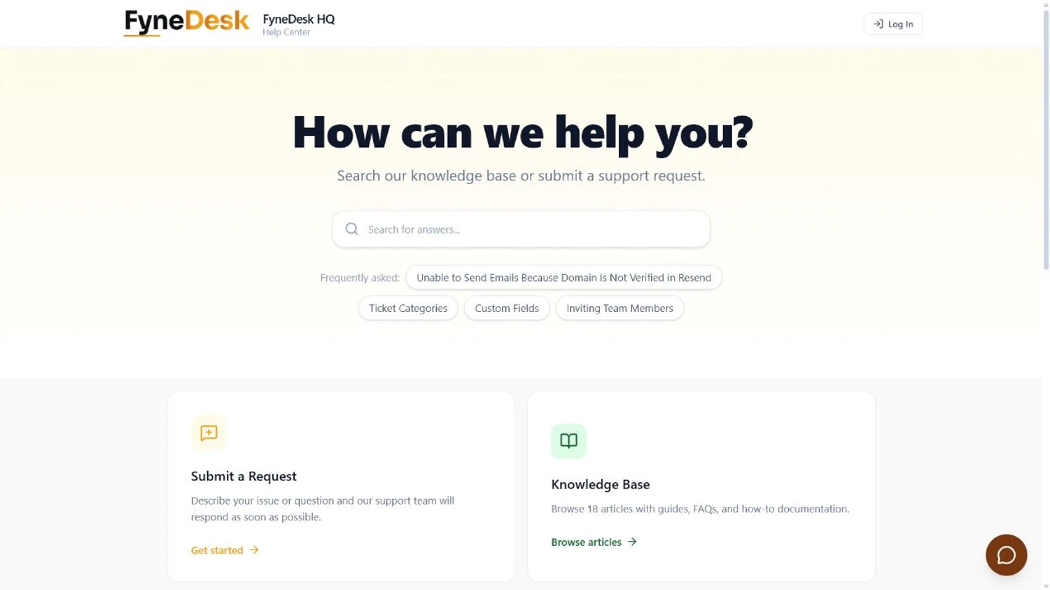 The live FyneDesk HQ customer portal with knowledge search, frequently asked questions, request submission, and knowledge base access