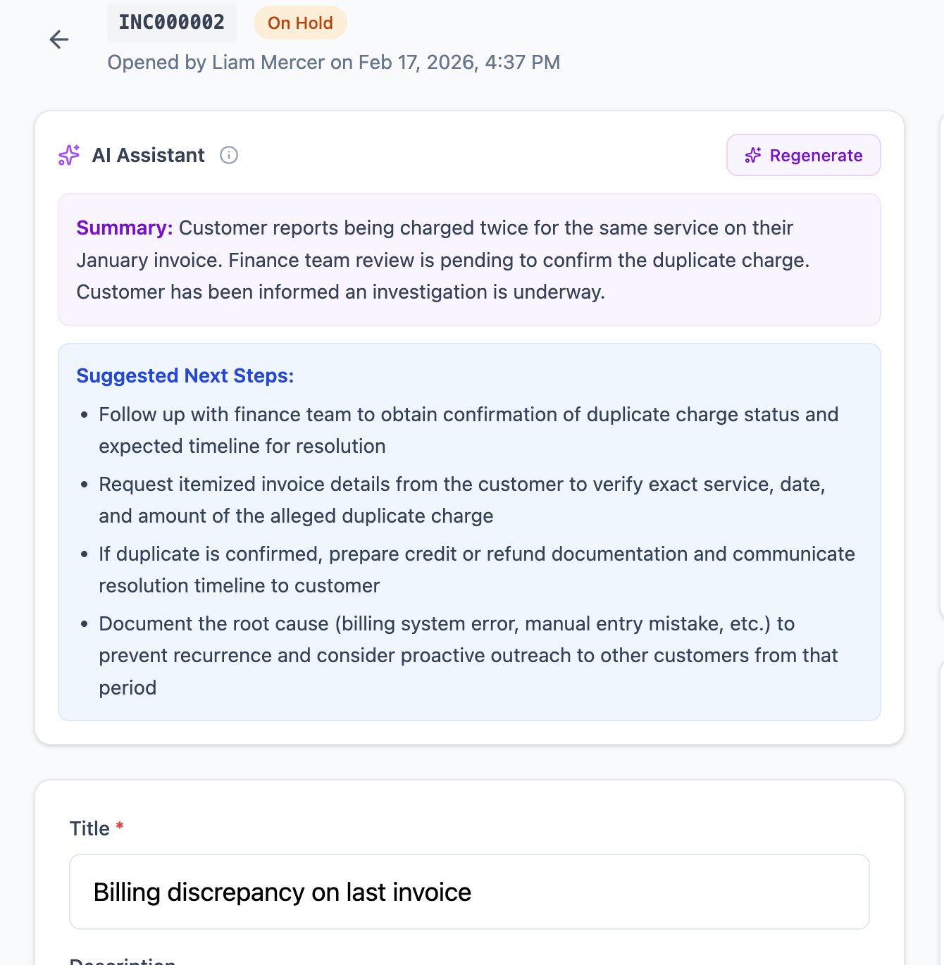 AI Assistant panel on a ticket detail view showing a summary and suggested next steps for a billing discrepancy ticket
