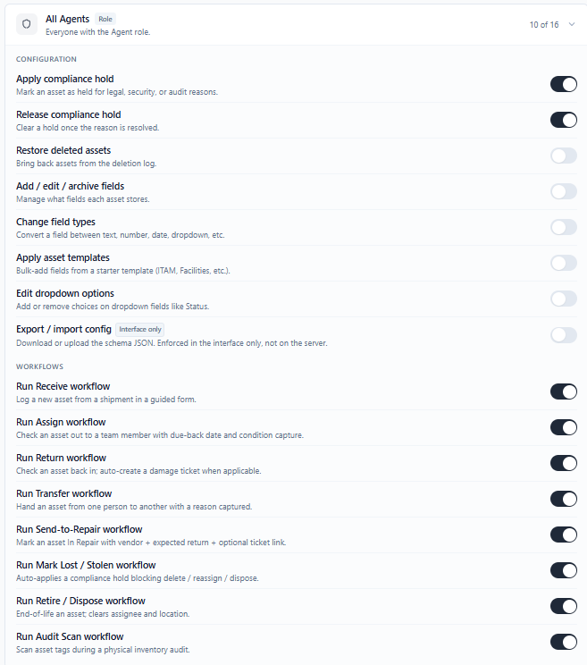 The All Agents permission group expanded, showing the list of asset capabilities with on/off toggles