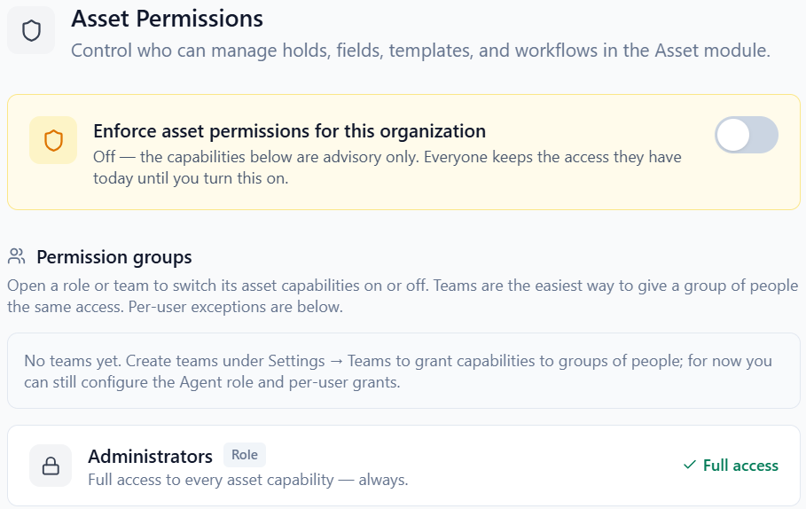 The Asset Permissions screen showing the enforcement switch at the top and the permission groups — Administrators and All Agents — below