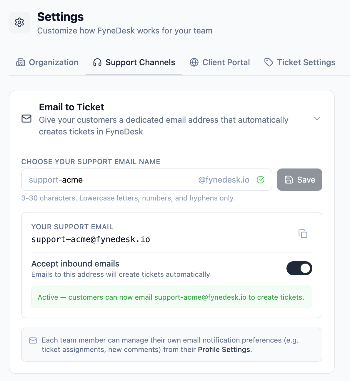 Settings page showing the Support Channels tab with email name field and enable toggle