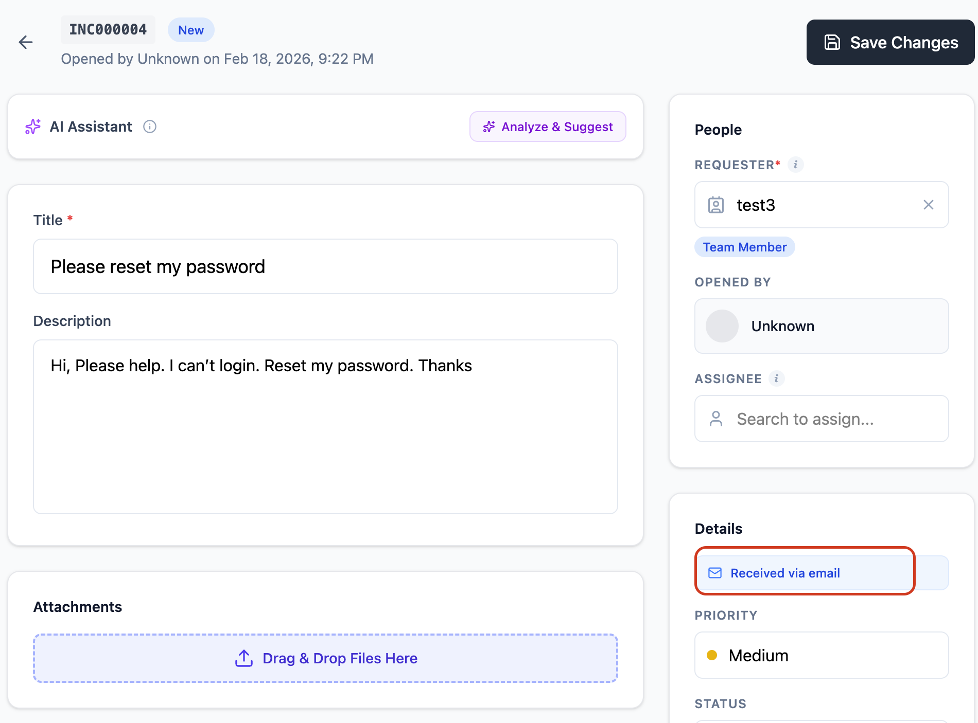 Ticket detail view showing a ticket created from an inbound email with the Received via email badge