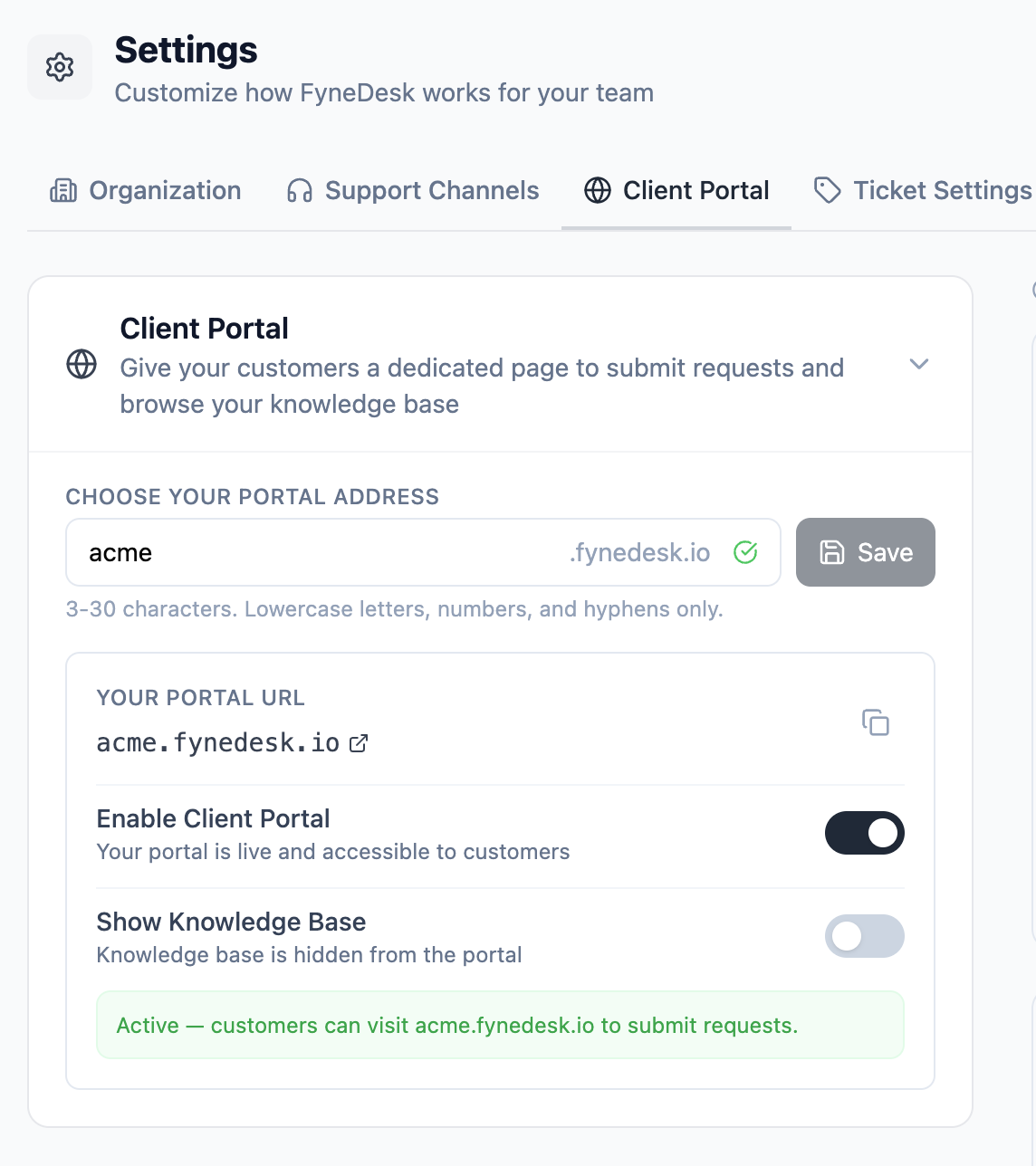 Settings page showing the Client Portal tab with portal address field and enable toggle