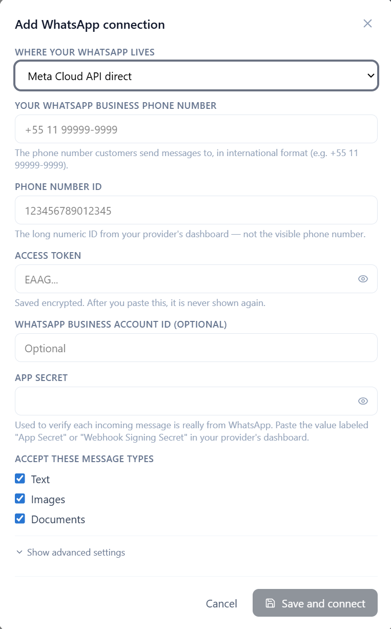 FyneDesk Add WhatsApp connection form with a 'Where your WhatsApp lives' provider dropdown, and fields for the WhatsApp Business phone number, Phone Number ID, Access token, WhatsApp Business Account ID, and App Secret, plus message-type checkboxes for Text, Images, and Documents