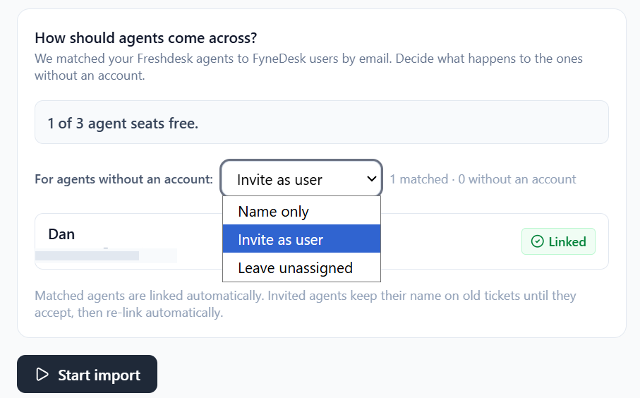 The agent review step asking how agents should come across. A banner shows how many agent seats are free, and a dropdown for agents without an account offers Name only, Invite as user, and Leave unassigned. A matched agent is shown with a green Linked badge.