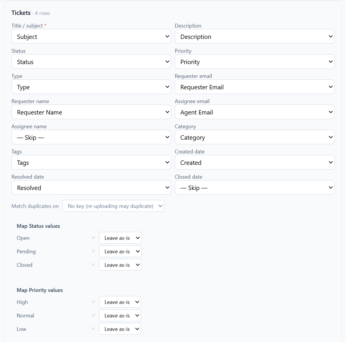 The value mapping step for Tickets. Above, ticket columns are mapped to FyneDesk fields; below, Map Status values and Map Priority values let each value found in the file be matched to a FyneDesk value or left as-is.