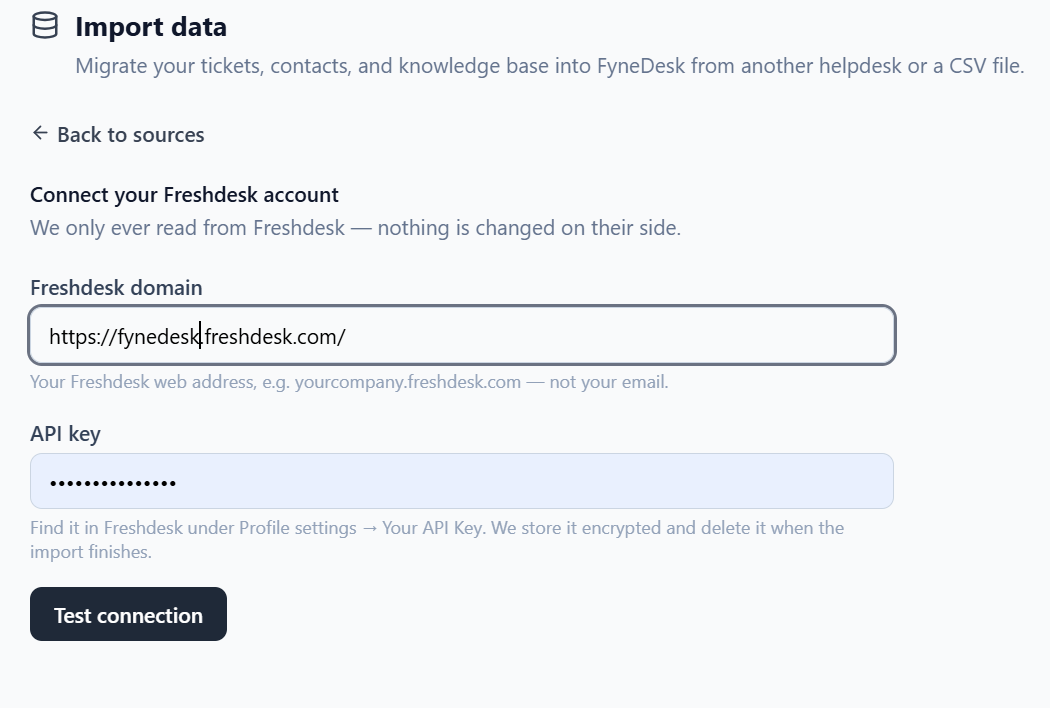 The Connect your Freshdesk account step, with a Freshdesk domain field showing https://yourcompany.freshdesk.com, a masked API key field, and a Test connection button. Helper text notes that FyneDesk only reads from Freshdesk and stores the key encrypted.