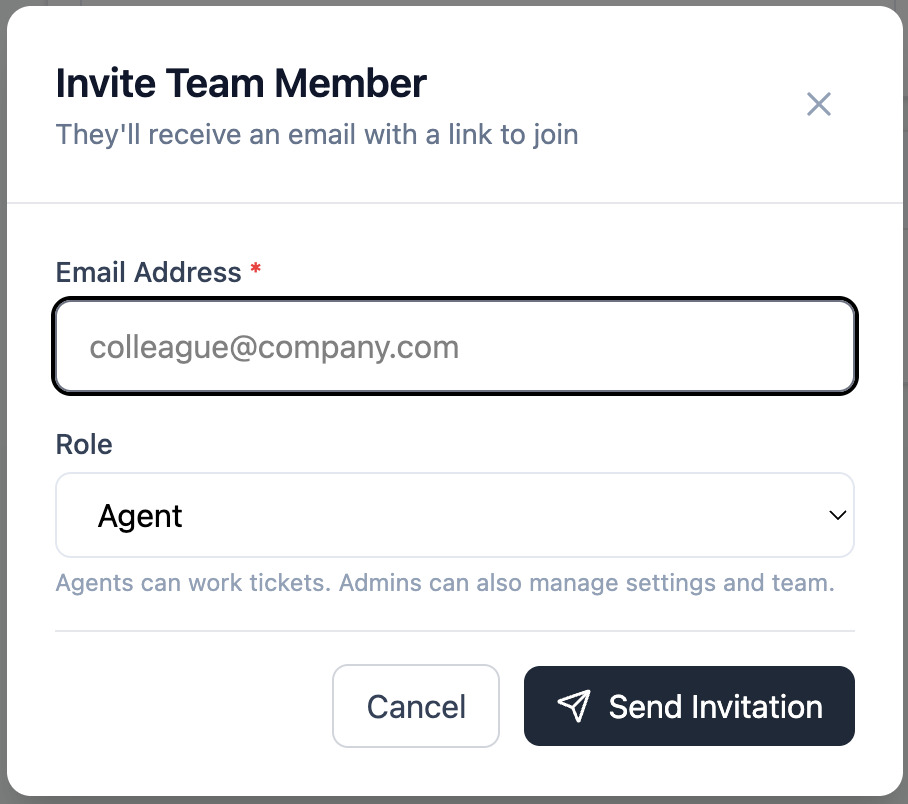 Invite user modal showing the email address field and role dropdown
