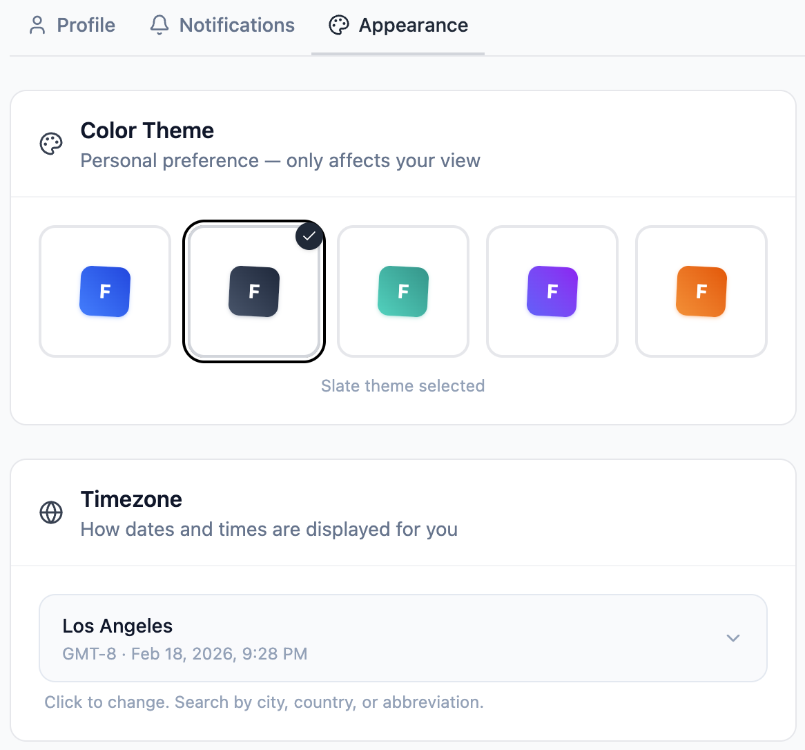 Profile Settings page showing the Appearance tab with five color theme swatches and the timezone selector