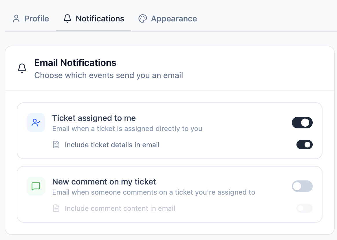 Profile Settings page showing the Notifications tab with toggle cards for ticket assigned and new comment notifications