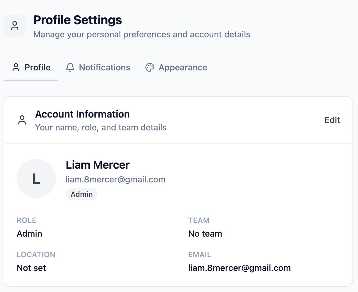Profile Settings page showing the Profile tab in read-only view with name, role, team, location, and email