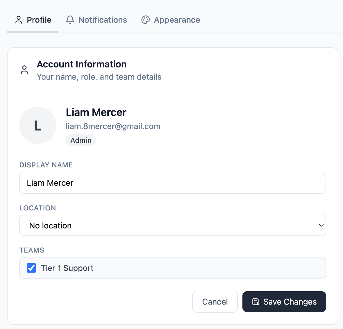 Profile Settings page showing the Profile tab in edit mode with name input, location dropdown, and team checkboxes