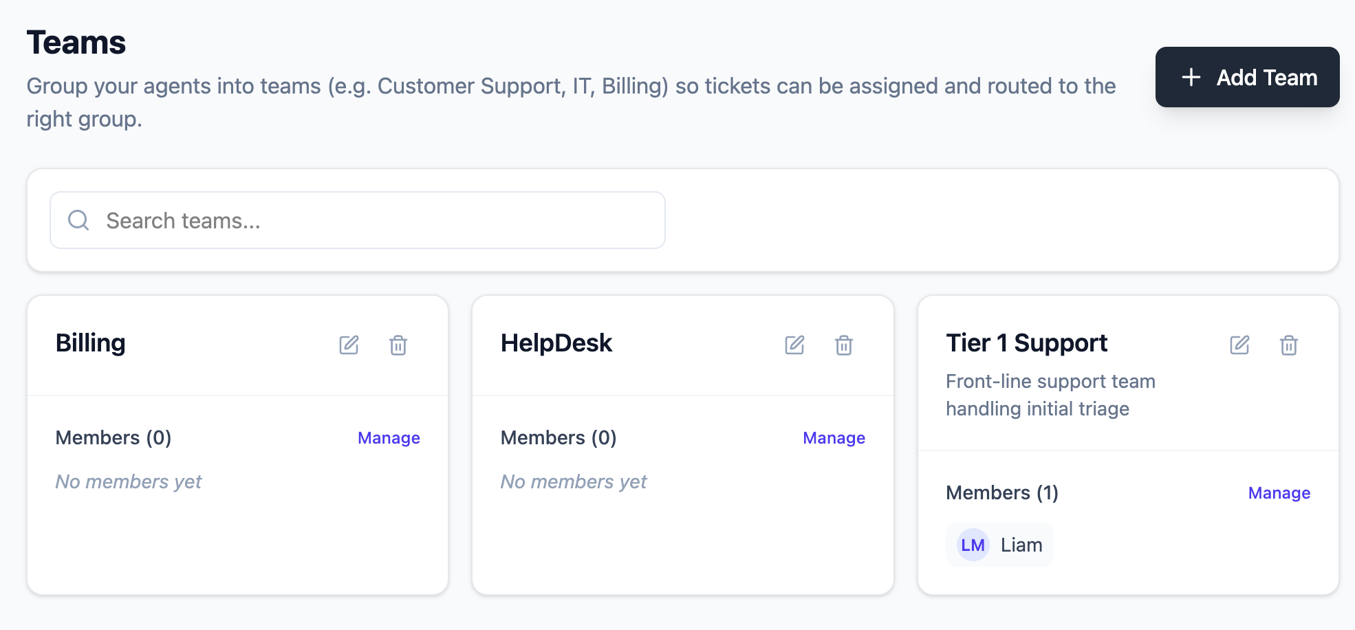 Admin Teams page showing the list of teams with member counts