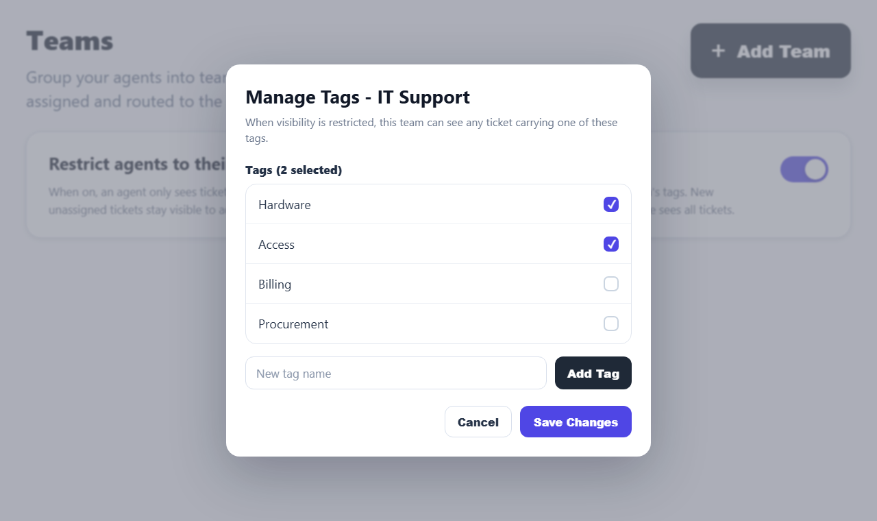 Manage Tags modal showing selected tags, New tag name, Add Tag, and Save Changes