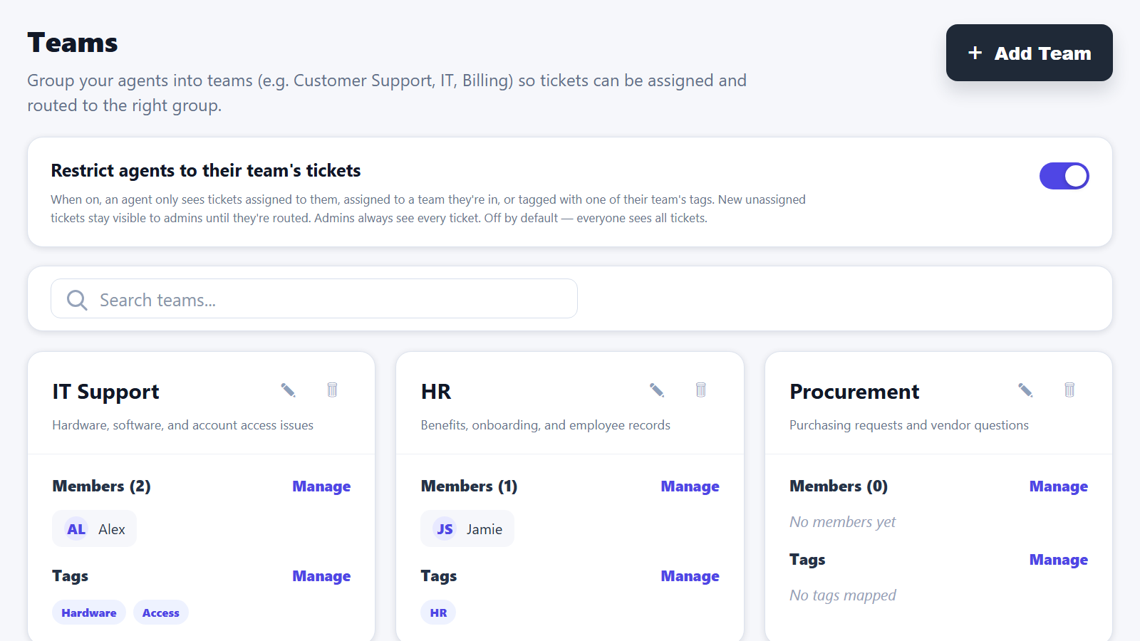 Admin Teams page showing the Restrict agents to their team's tickets setting, team cards, mapped tags, and Manage buttons