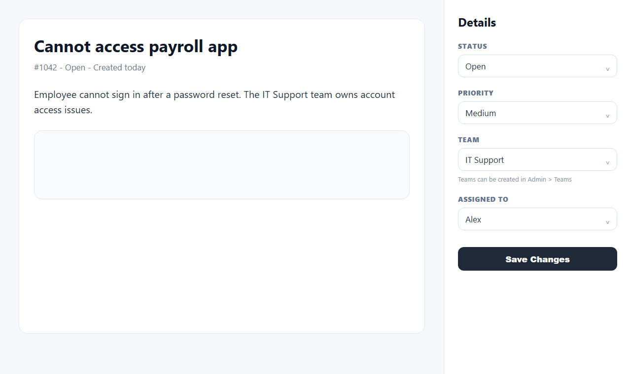 Ticket detail page showing the Details sidebar with the Team field and Save Changes button