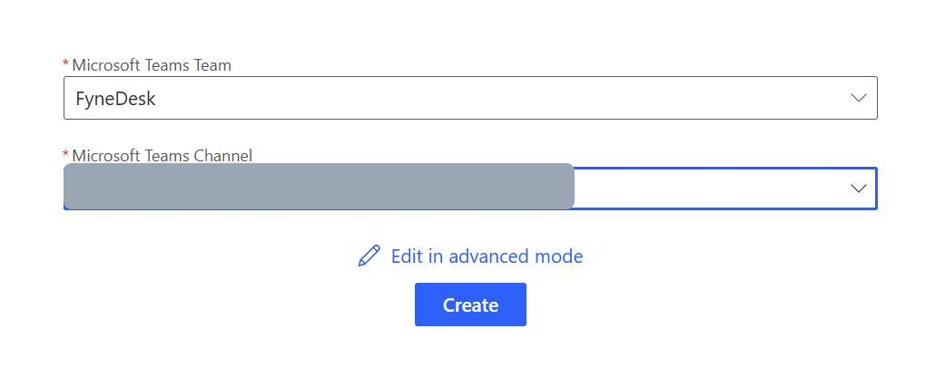The template setup with a Microsoft Teams Team dropdown set to a team, and a Microsoft Teams Channel dropdown, above a Create button. The channel value is redacted.