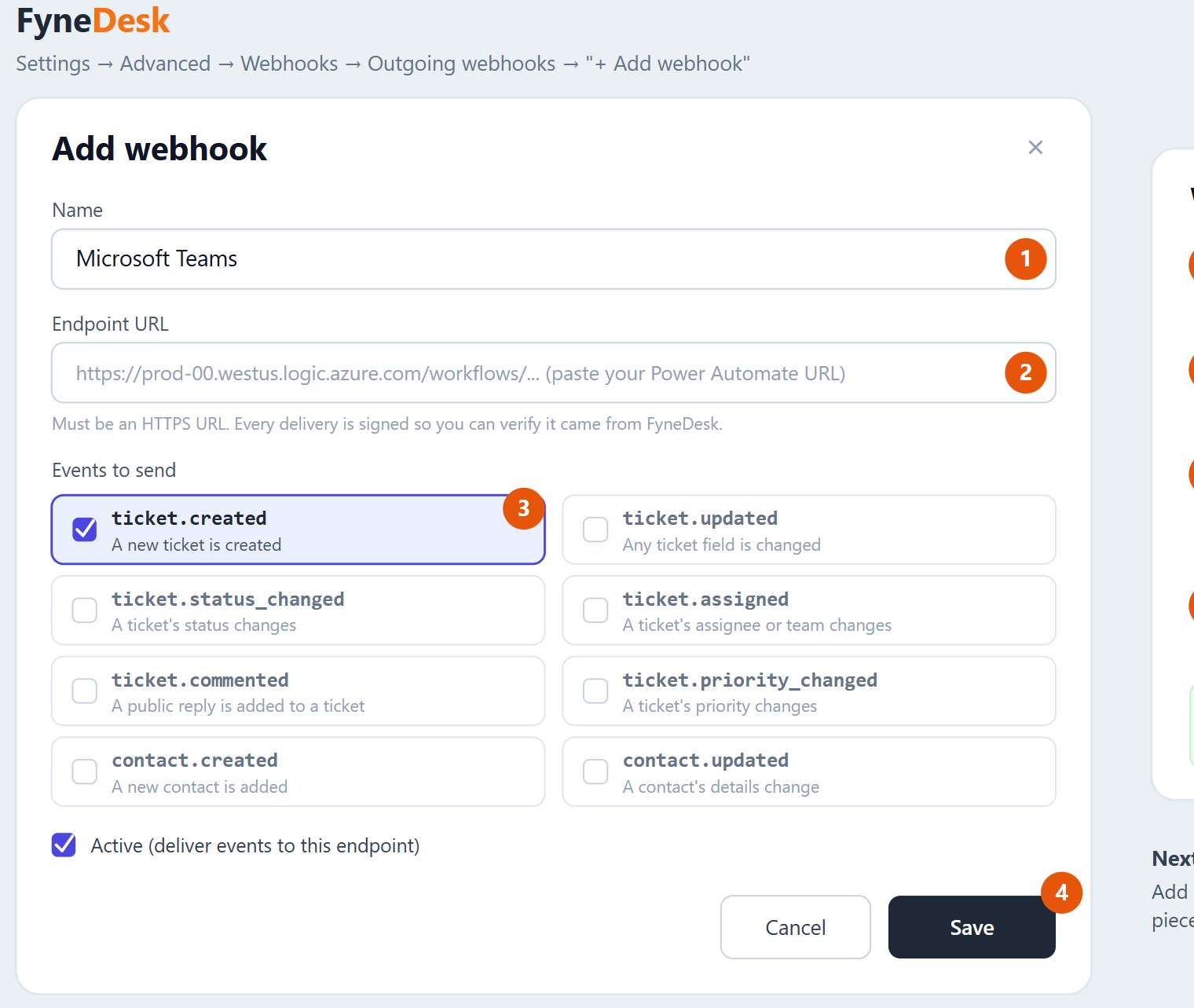 The FyneDesk Add webhook screen with a Name field set to Microsoft Teams, an Endpoint URL field for the Power Automate link, a list of events to send with ticket.created ticked, and a Save button.