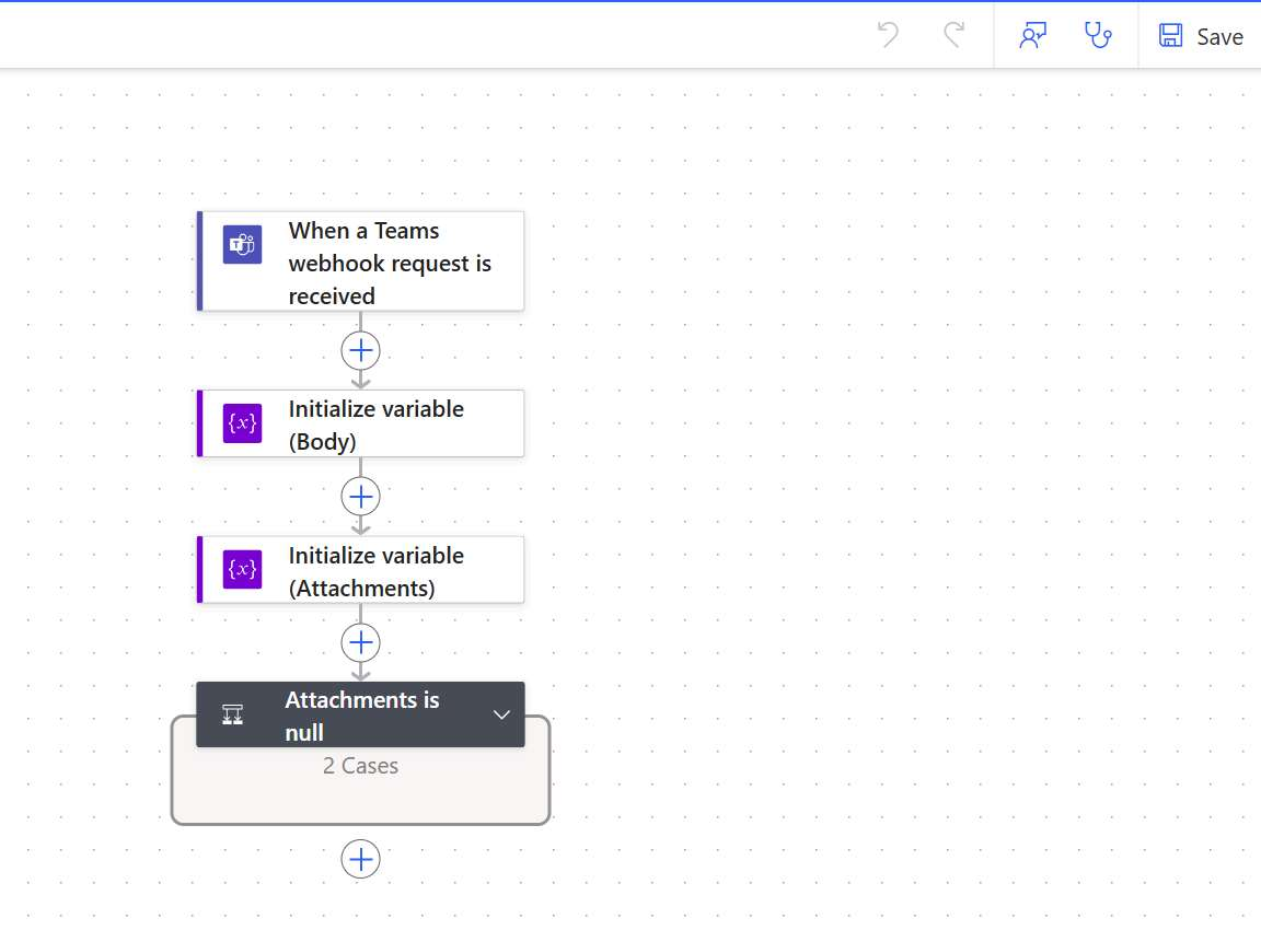 The flow editor showing the When a Teams webhook request is received trigger followed by two Initialize variable steps and an Attachments is null condition — the steps that should be deleted.