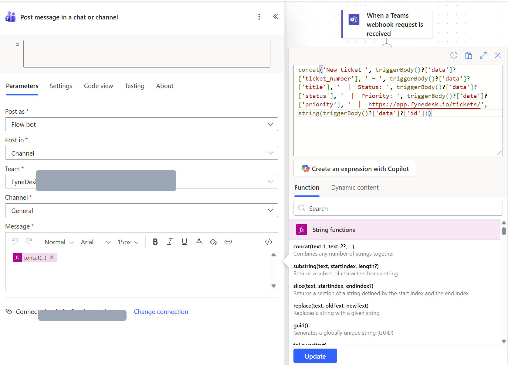 The Post message in a chat or channel action with Post as set to Flow bot, Post in set to Channel, a Team and Channel selected, and the Message box holding a single concat expression inserted via the fx expression editor shown on the right.