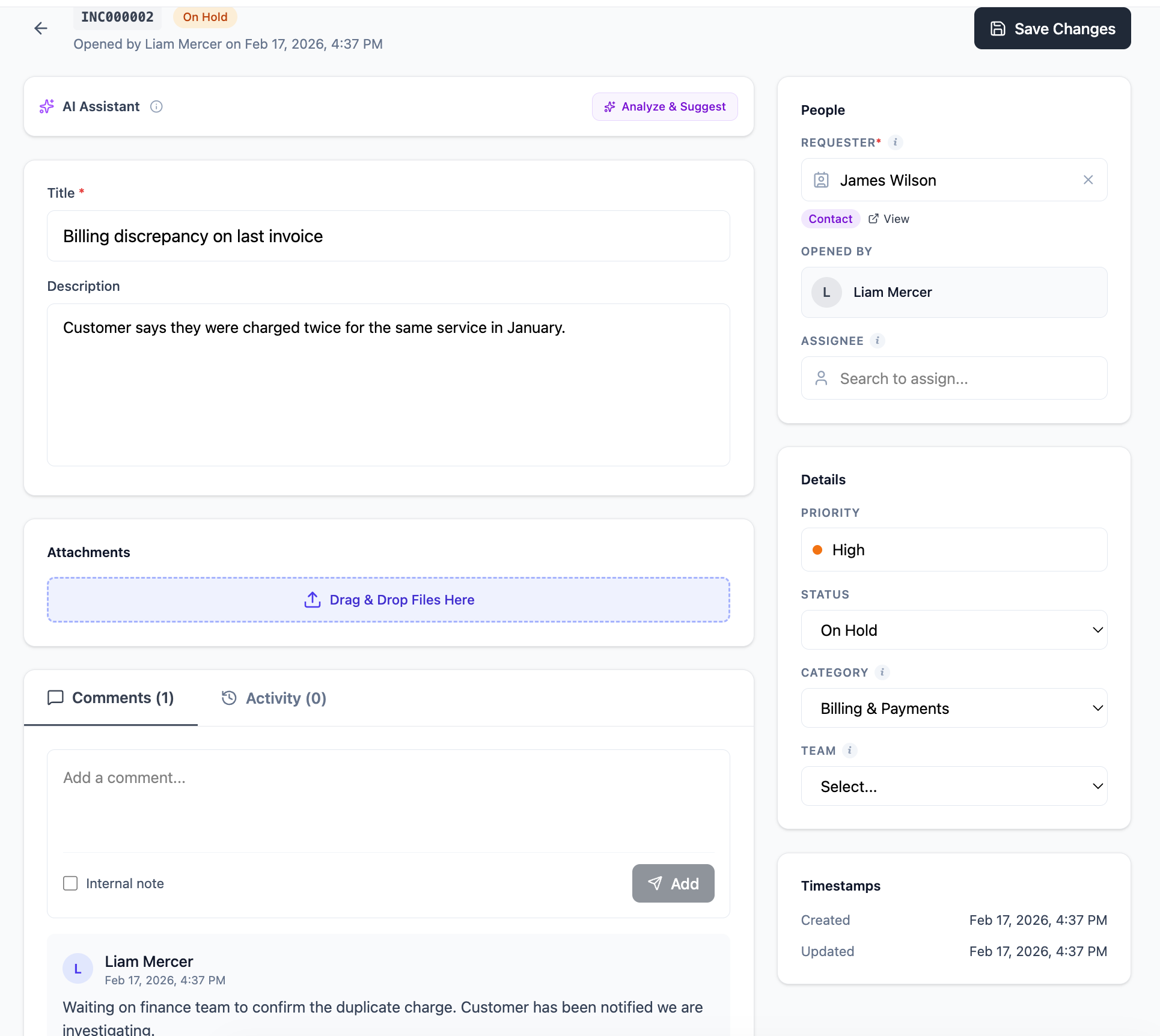 Ticket detail view showing the title, status, assignee panel, comments section, and activity log