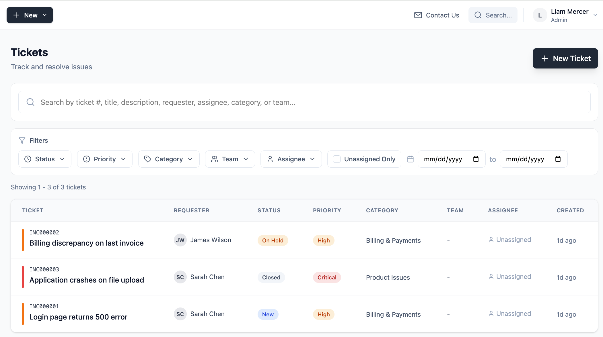 Tickets list page showing multiple tickets with status and priority badges