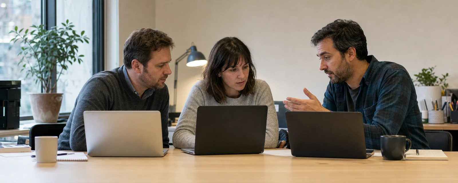 Three support teammates working together at a shared desk