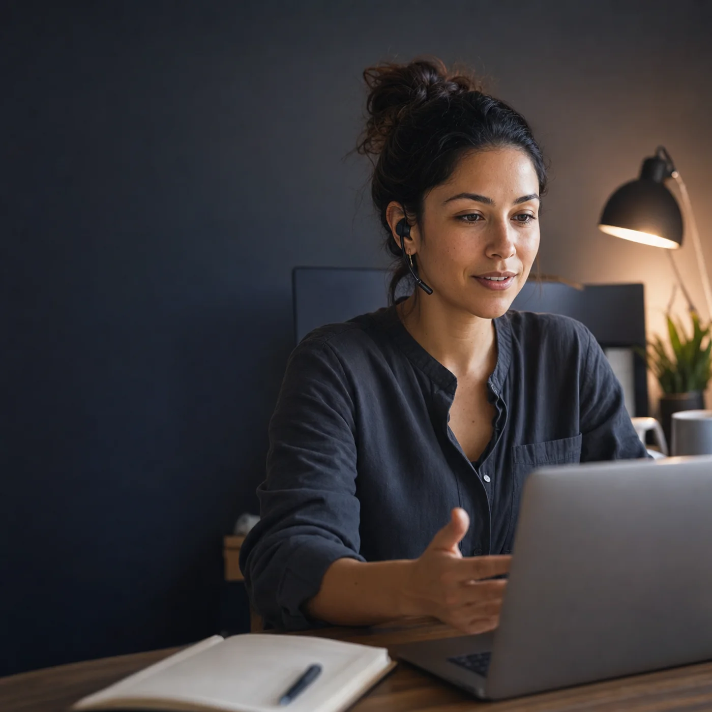 A customer support professional helping a customer from her laptop