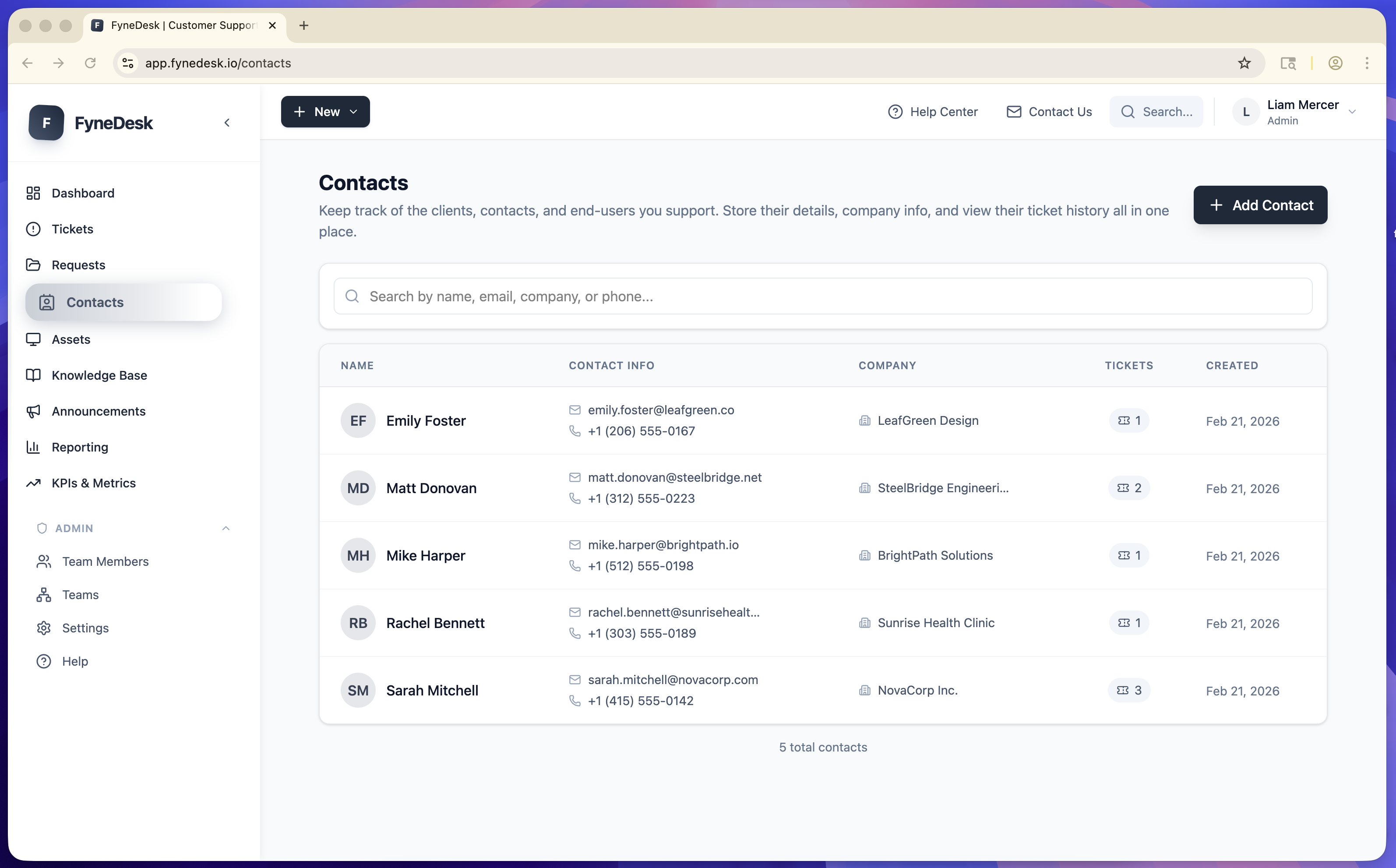 FyneDesk contact management with customer details, company info, and ticket history