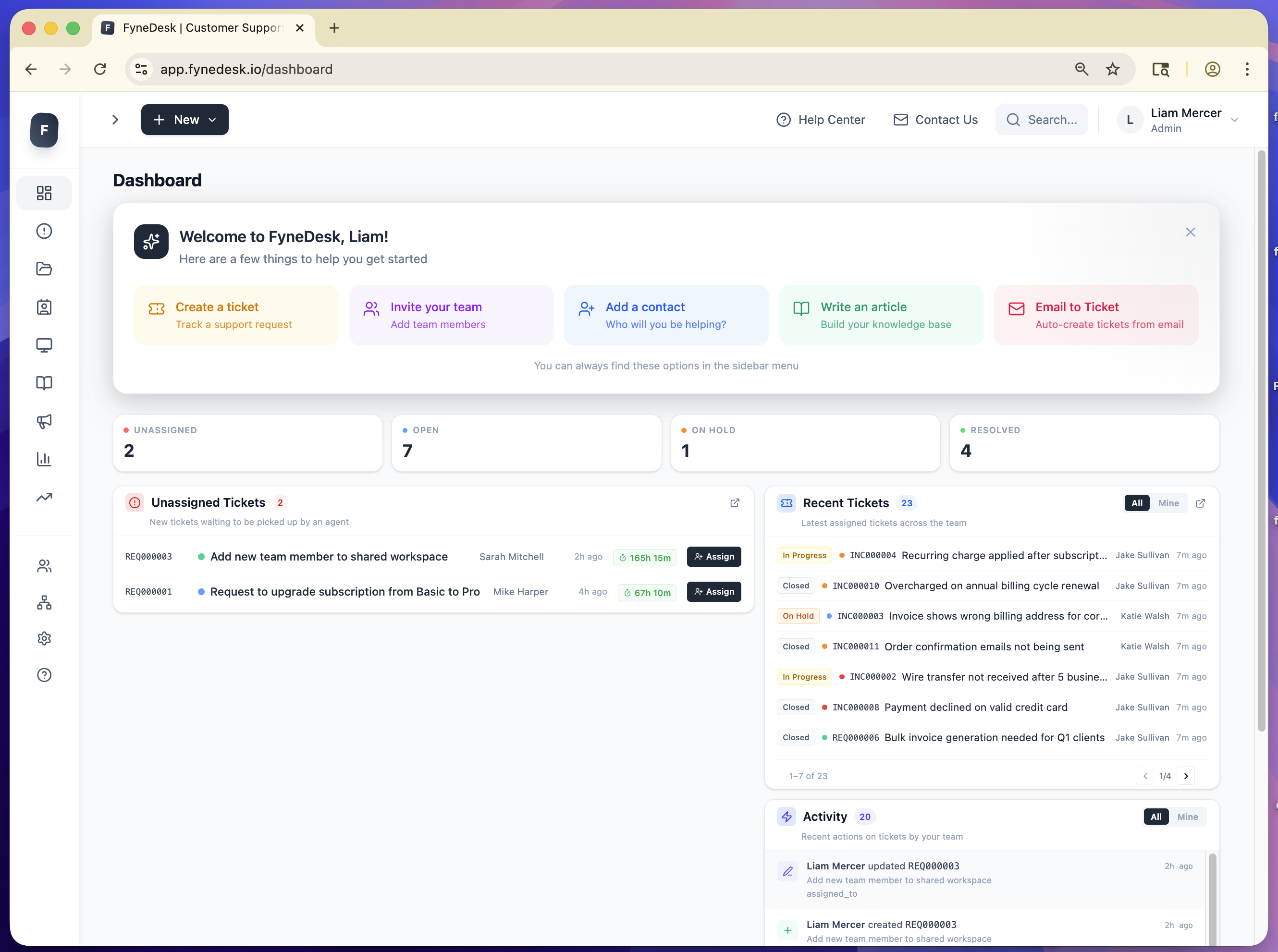 FyneDesk dashboard showing ticket overview, unassigned tickets, recent activity, and welcome onboarding