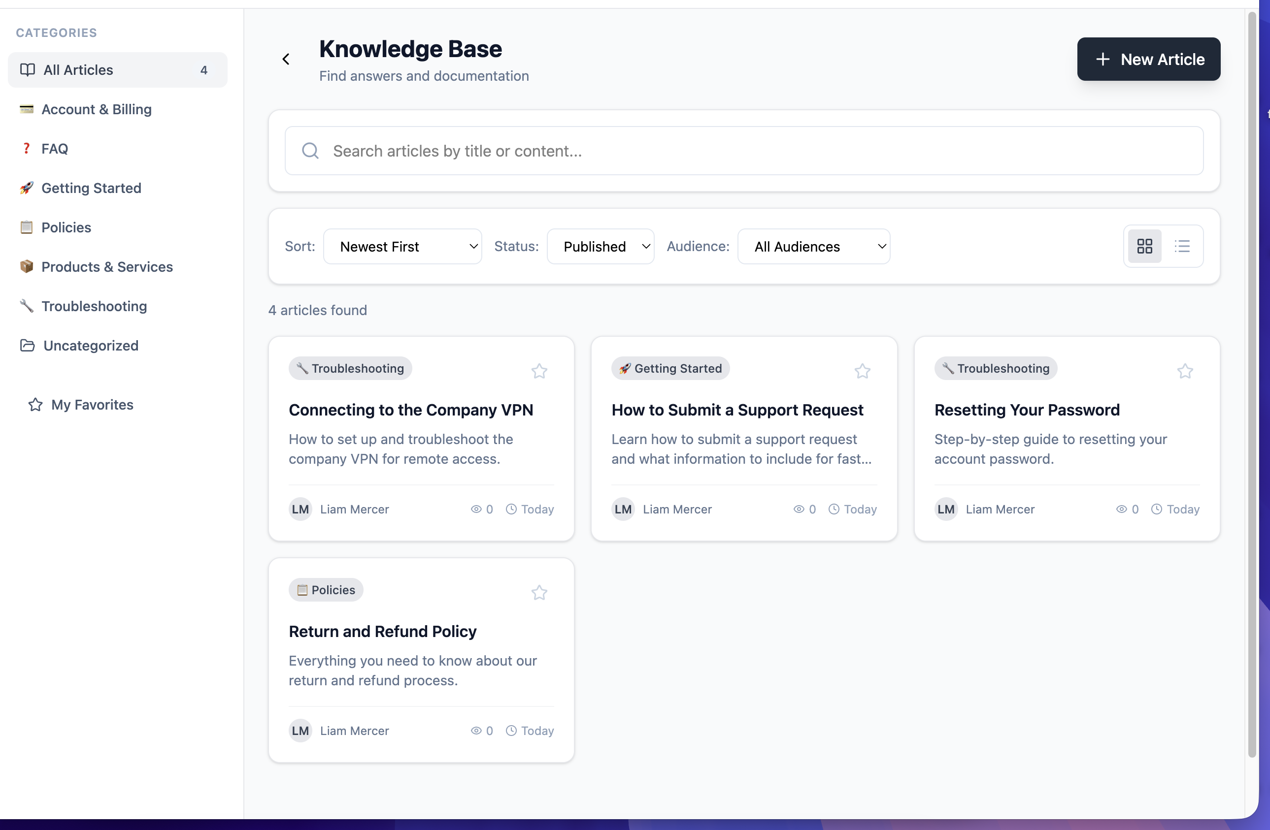 FyneDesk knowledge base with categorized help articles and search