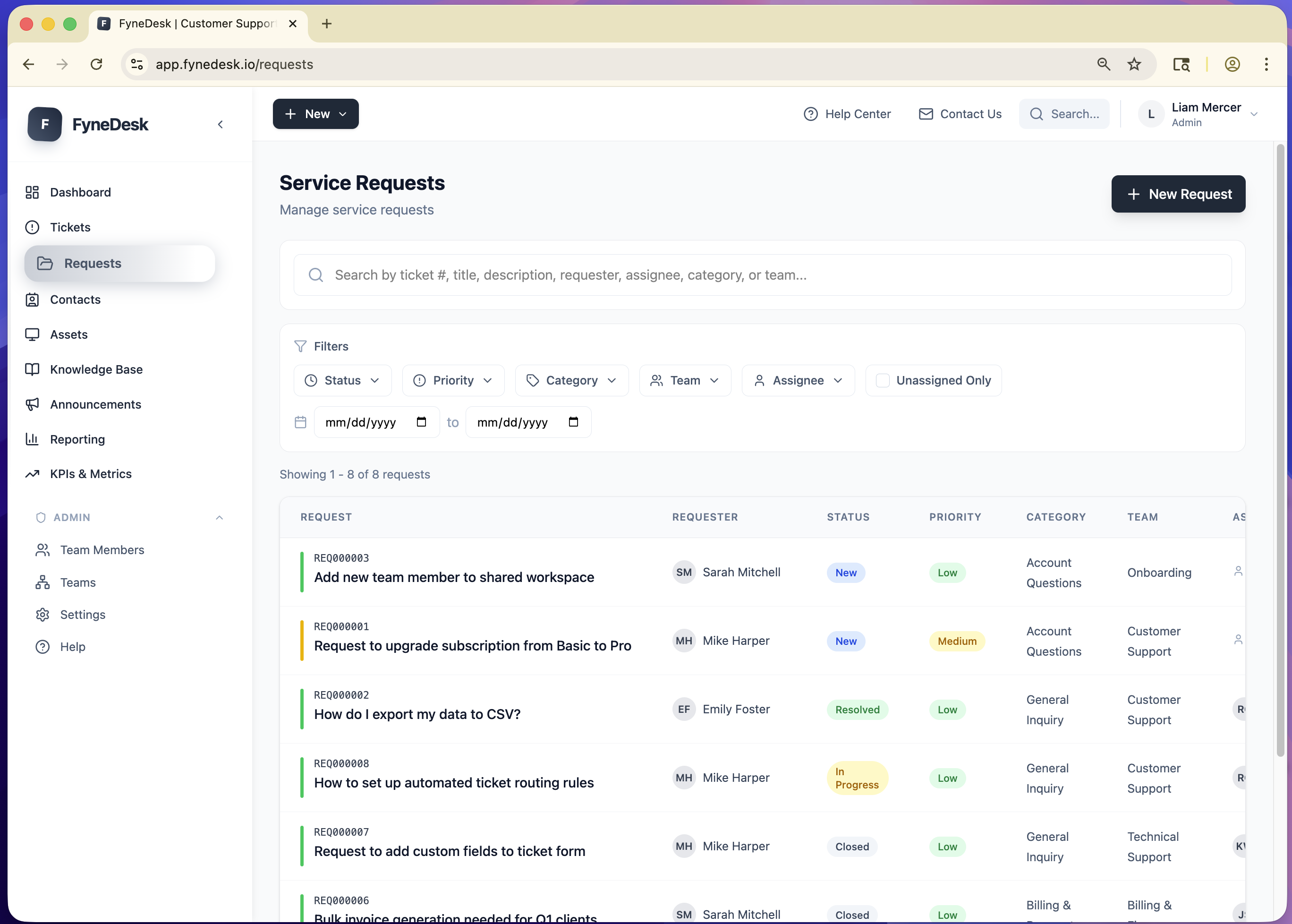 FyneDesk service request management with filtering, status tracking, and team assignment