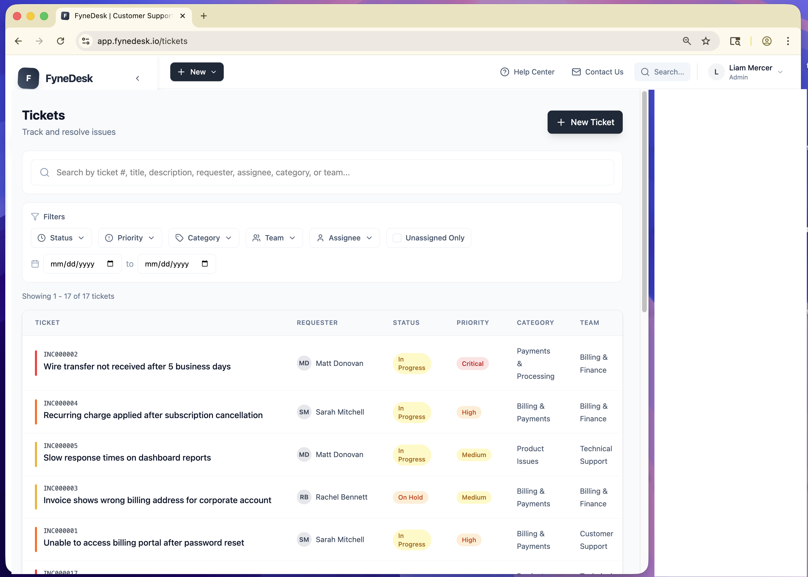 FyneDesk showing all incoming requests organized in one list with statuses and priorities