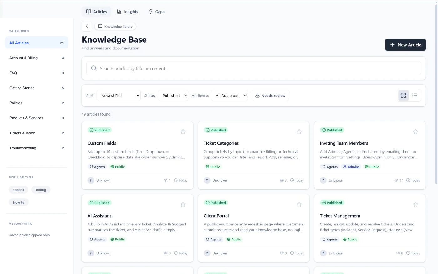 FyneDesk knowledge base with categorized help articles and search